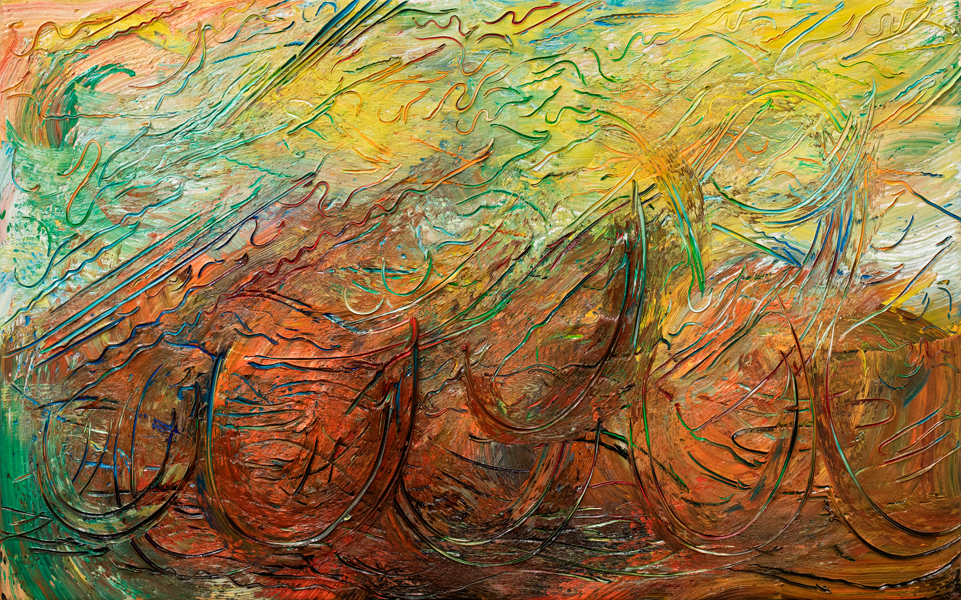 Constantin Rusu - Muzică. Dan Dediu – Elegia minacciosa (con Gnossienne-Mandala) ulei pe pânză, 125 x 200 cm, 2019. Foto: Alexandru Vasiliu